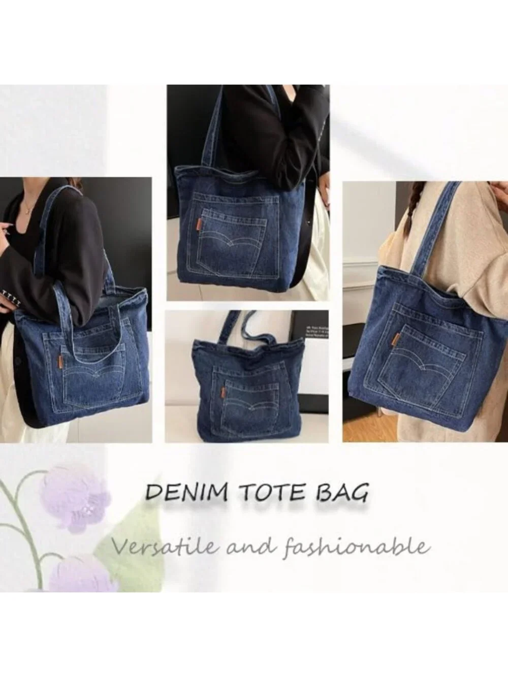 Large Retro Denim Tote Bag for Work, Travel, College - Stylish Canvas Shoulder